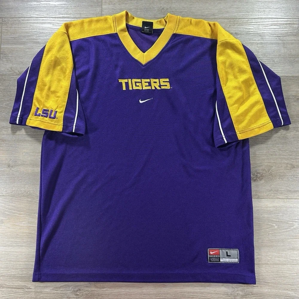 VTG Team Nike Large LSU Tigers Dri Fit Warm Up Shirt Purple Yellow Colorblock